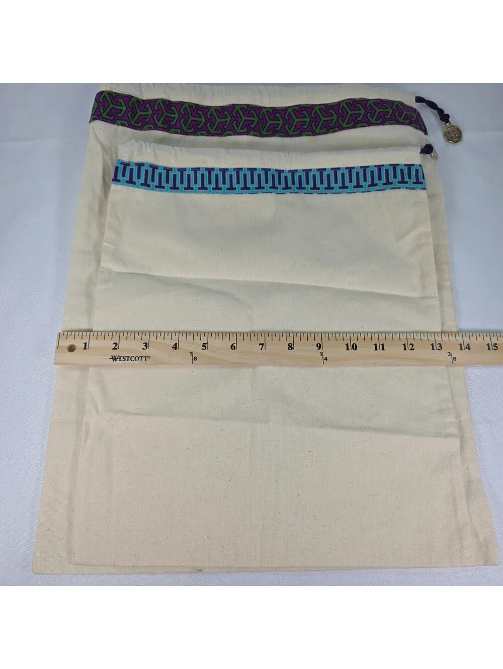 New Tory Burch Canvas Dust Bag Set of 2 Logo Drawstring Gold Charm Cream Multi